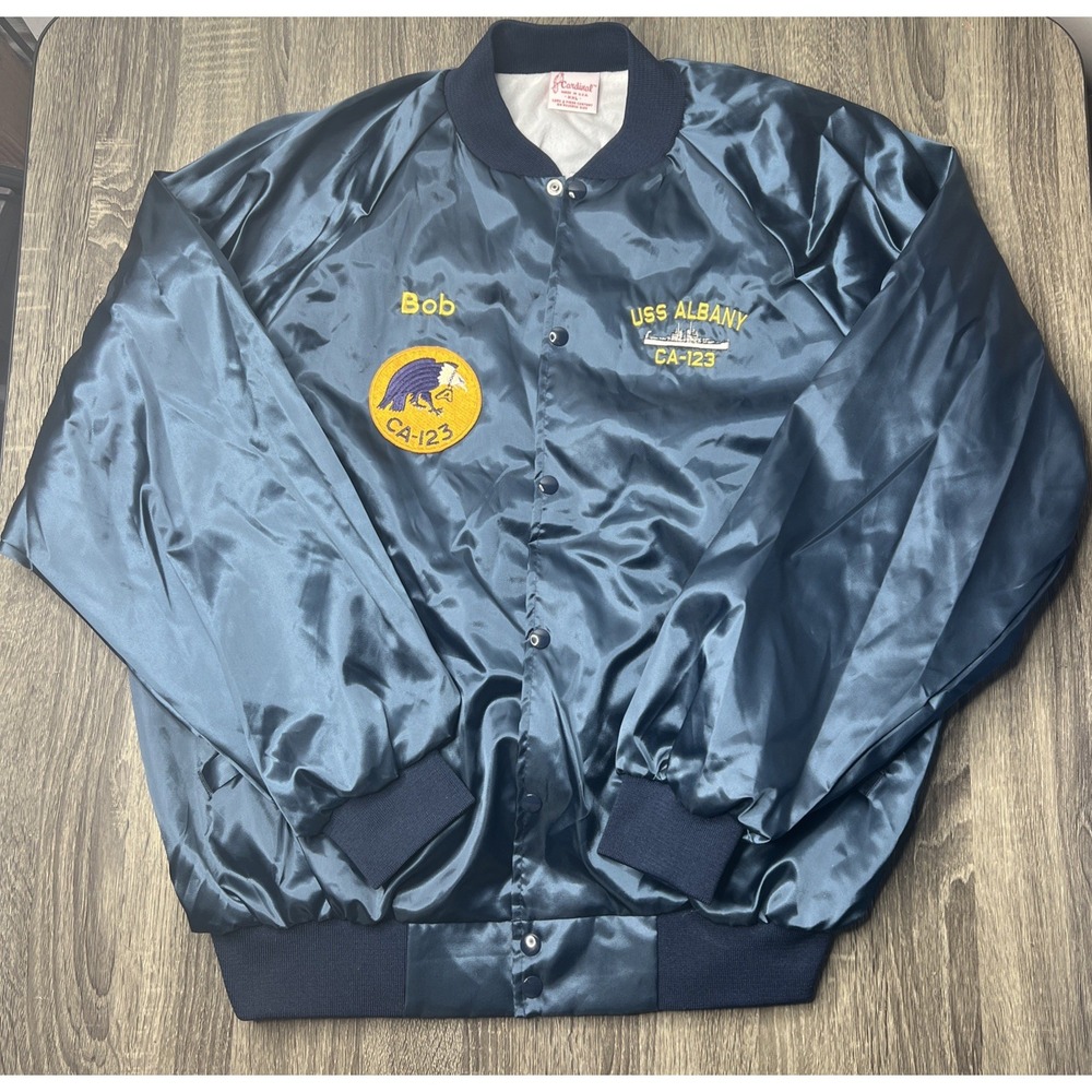 VTG US Navy Satin Jacket USS Albany CA-123 Cardinal 2XL XXL Large Patch "Bob"